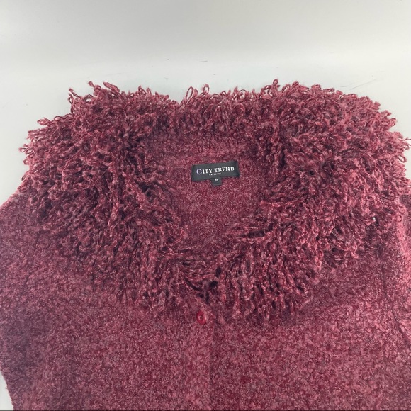 City Trend Women's M Fluffy Collar Cardigan Duster Crimson Pockets Button Front - Picture 4 of 6